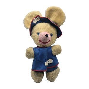 Vintage Stuffed Mouse Plush Beige Blue Dress And Hat Animal Toy Girl Female 15"